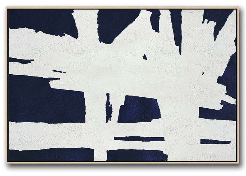 Extra Large Canvas Art,Handmade Acrylic Painting,Horizontal Abstract Painting Navy Blue Minimalist Painting On Canvas,Large Oil Canvas Art